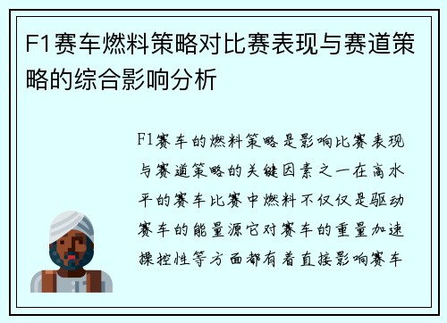 F1赛车燃料策略对比赛表现与赛道策略的综合影响分析 F1赛车燃料策略对比赛表现与赛道策略的综合影响分析