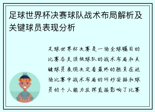 足球世界杯决赛球队战术布局解析及关键球员表现分析